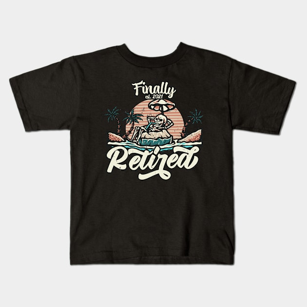 Retired Retro Skeleton Beach Retirement Pensioner Kids T-Shirt by Foxxy Merch